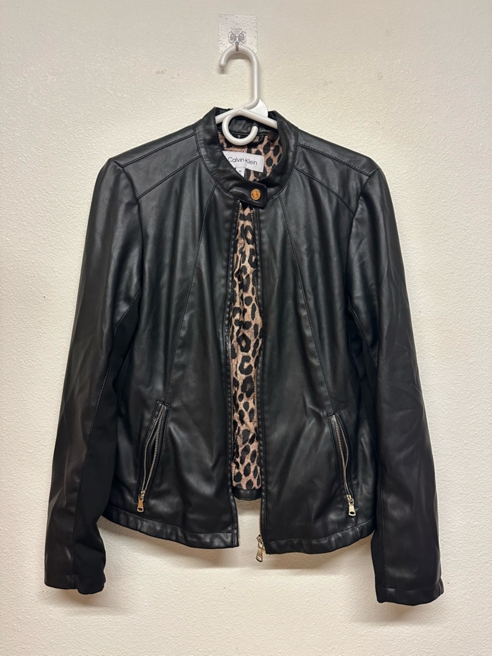 Calvin Klein Black Leather Jacket with Leopard Lining